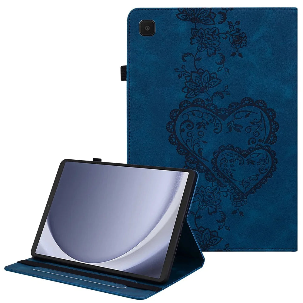 For Samsung Galaxy Tab A11 / A9 Leather Case Heart Imprint Foldable Stand Card Slot Stylus Holder Tablet Cover - Blue - 1