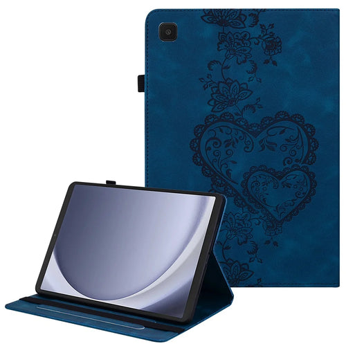 For Samsung Galaxy Tab A11 / A9 Leather Case Heart Imprint Foldable Stand Card Slot Stylus Holder Tablet Cover - Blue - 1