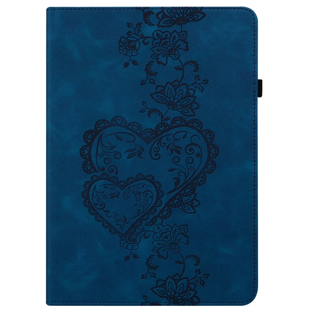 For Samsung Galaxy Tab A11 / A9 Leather Case Heart Imprint Foldable Stand Card Slot Stylus Holder Tablet Cover - Blue - 7