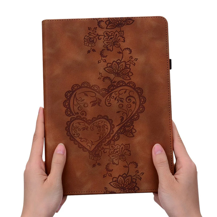For Samsung Galaxy Tab A7 Lite 8.7-inch (T220  /  T225) Leather Case Heart Imprint Foldable Stand Card Slot Stylus Holder Tablet Cover - Brown - 6