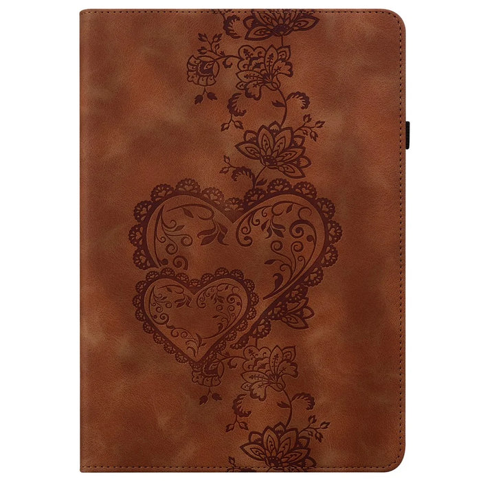 For Samsung Galaxy Tab A7 Lite 8.7-inch (T220  /  T225) Leather Case Heart Imprint Foldable Stand Card Slot Stylus Holder Tablet Cover - Brown - 7