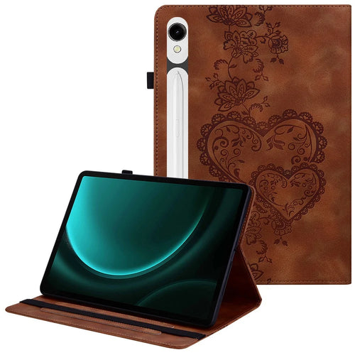 Leather Case For Samsung Galaxy Tab S10 Lite / S10 FE / S9 FE / S9 Heart Imprint Foldable Stand Card Slot Stylus Holder Tablet Cover - Brown - 1