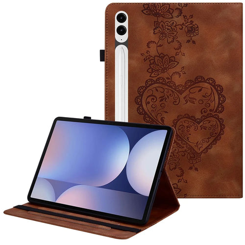 Leather Case For Samsung Galaxy Tab S10+  /  S9 FE+  /  S9+ Heart Imprint Foldable Stand Card Slot Stylus Holder Tablet Cover - Brown - 1