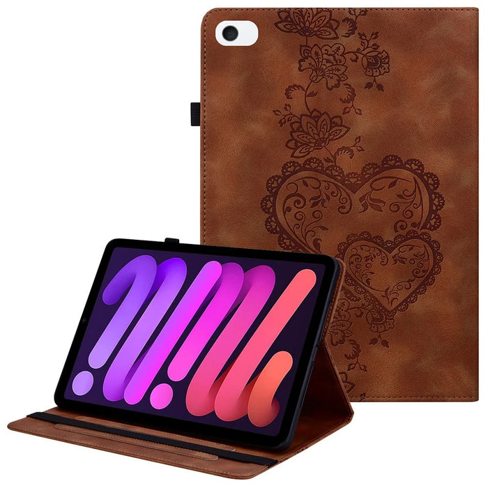 For iPad mini (2024)  /  (2021) Leather Case Heart Imprint Foldable Stand Card Slot Stylus Holder Tablet Cover - Brown - 1