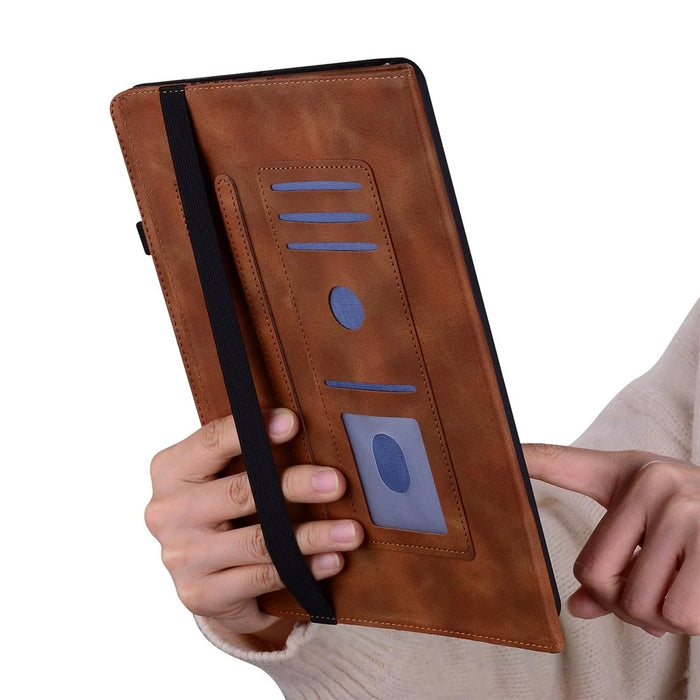 For iPad mini (2024)  /  (2021) Leather Case Heart Imprint Foldable Stand Card Slot Stylus Holder Tablet Cover - Brown - 5