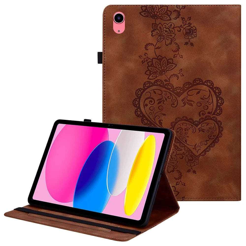 For iPad (2025)  /  10.9 (2022) Leather Case Heart Imprint Foldable Stand Card Slot Stylus Holder Tablet Cover - Brown - 1
