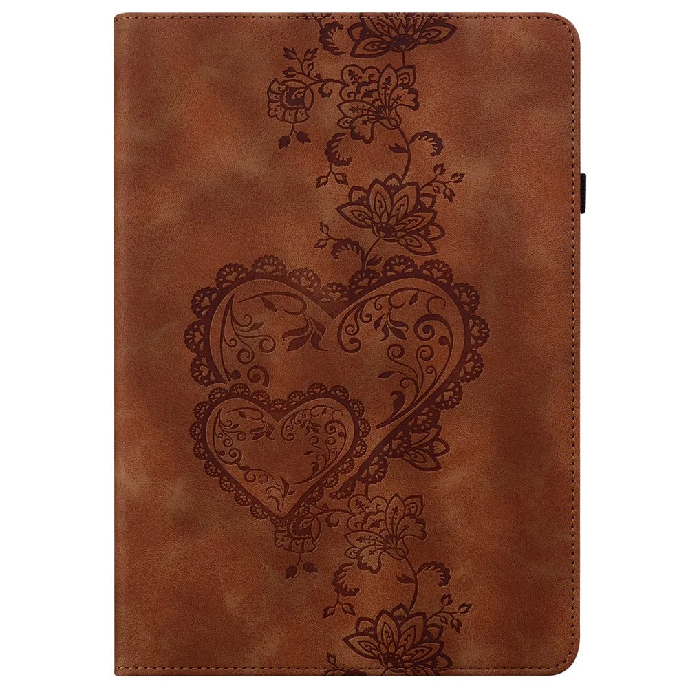For iPad (2025)  /  10.9 (2022) Leather Case Heart Imprint Foldable Stand Card Slot Stylus Holder Tablet Cover - Brown - 7