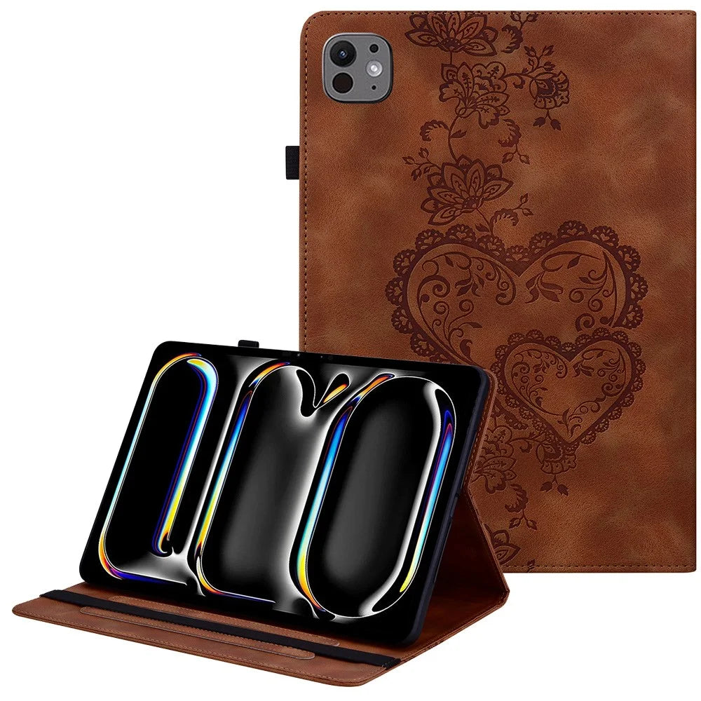 For iPad Pro 11 (2025) / 11 (2024) Leather Case Heart Imprint Foldable Stand Card Slot Stylus Holder Tablet Cover - Brown - 1