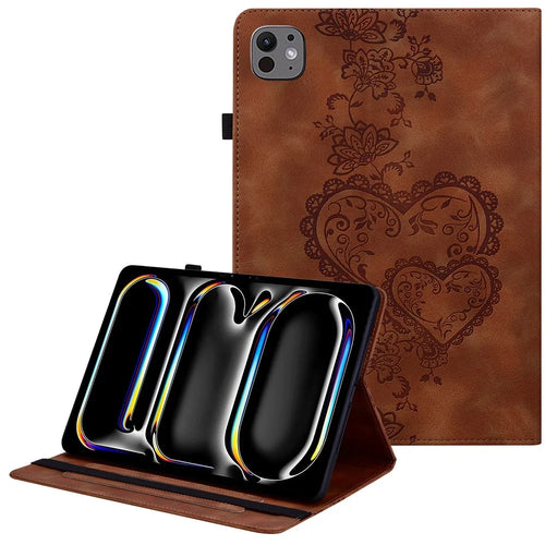 For iPad Pro 11 (2025) / 11 (2024) Leather Case Heart Imprint Foldable Stand Card Slot Stylus Holder Tablet Cover - Brown - 1