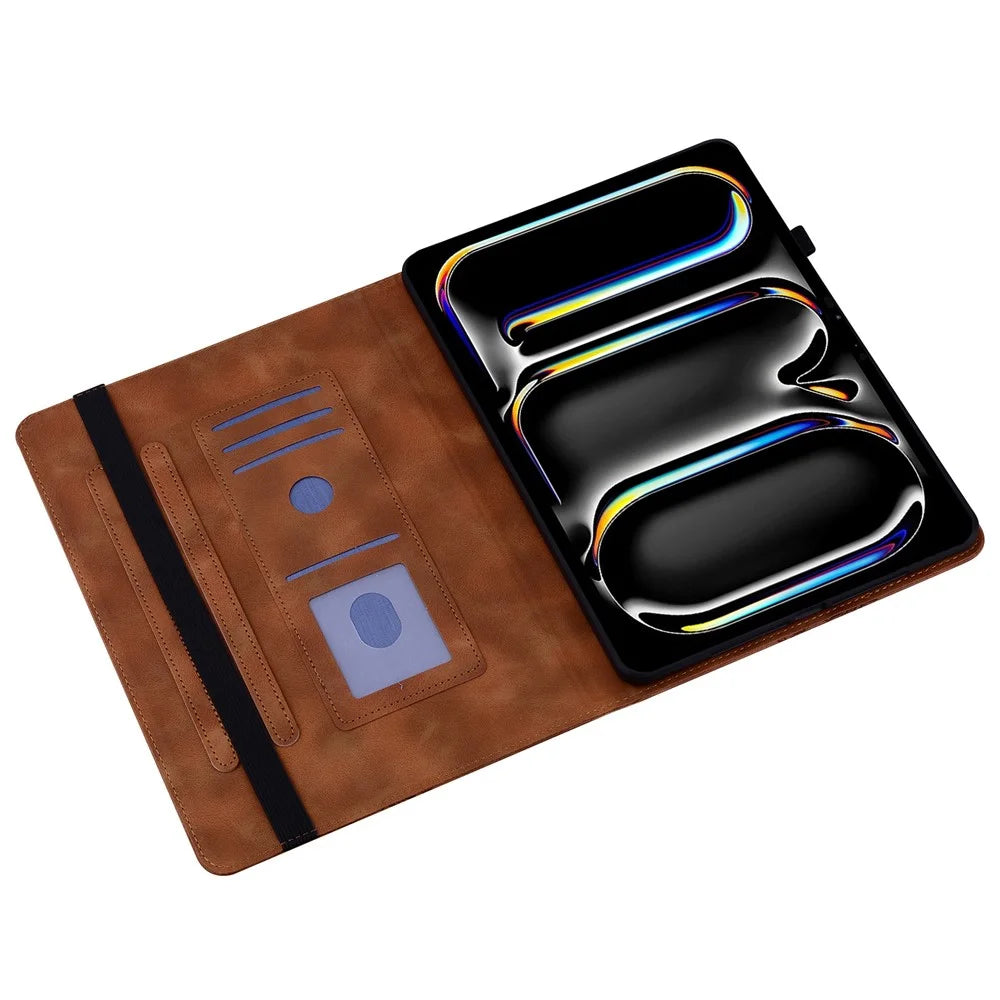 For iPad Pro 11 (2025) / 11 (2024) Leather Case Heart Imprint Foldable Stand Card Slot Stylus Holder Tablet Cover - Brown - 2