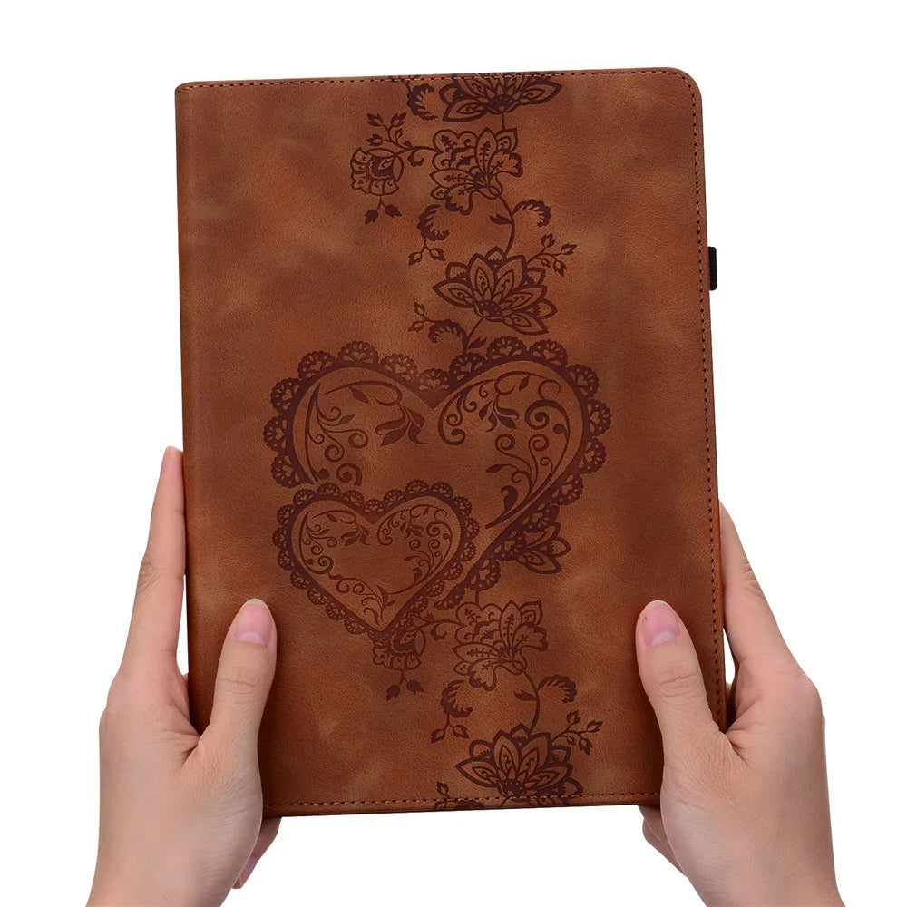 For iPad Pro 11 (2025) / 11 (2024) Leather Case Heart Imprint Foldable Stand Card Slot Stylus Holder Tablet Cover - Brown - 6
