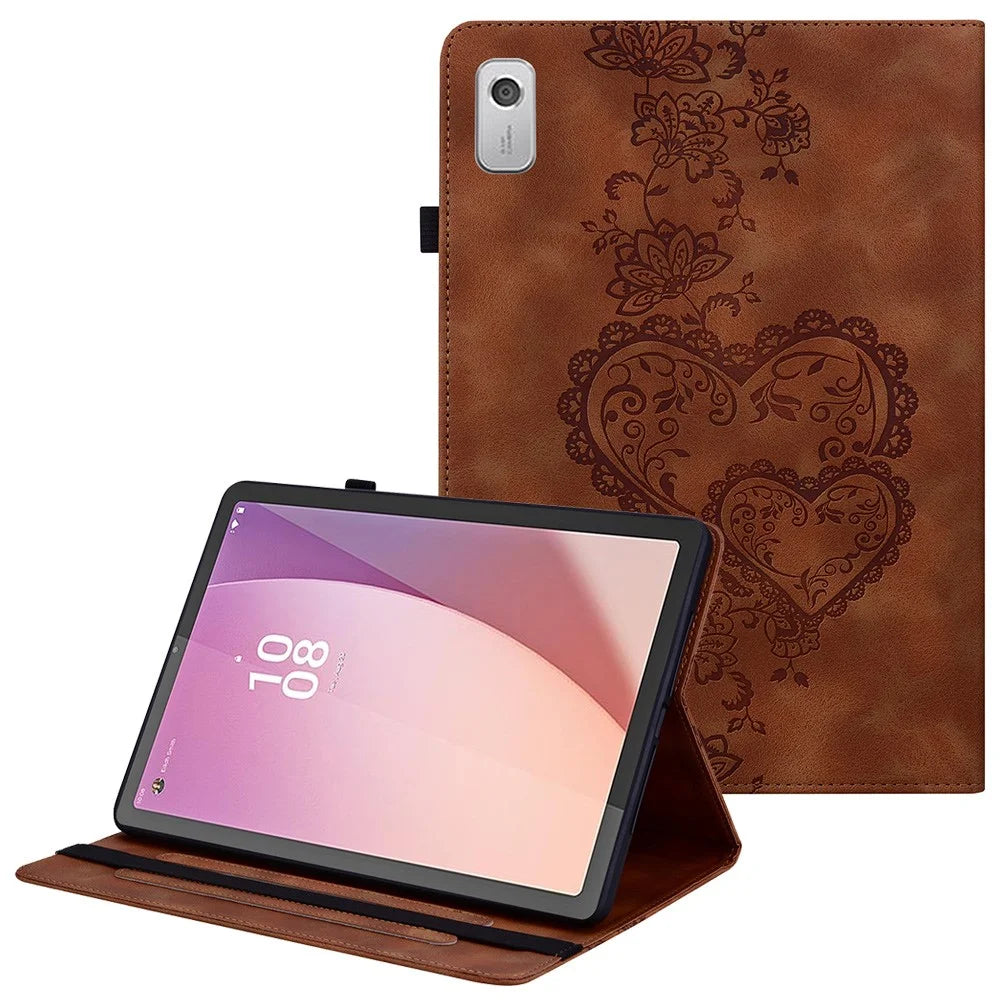 For Lenovo Tab M9 TB-310FU Leather Case Heart Imprint Foldable Stand Card Slot Stylus Holder Tablet Cover - Brown - 1