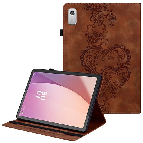For Lenovo Tab M9 TB-310FU Leather Case Heart Imprint Foldable Stand Card Slot Stylus Holder Tablet Cover - Brown - 1