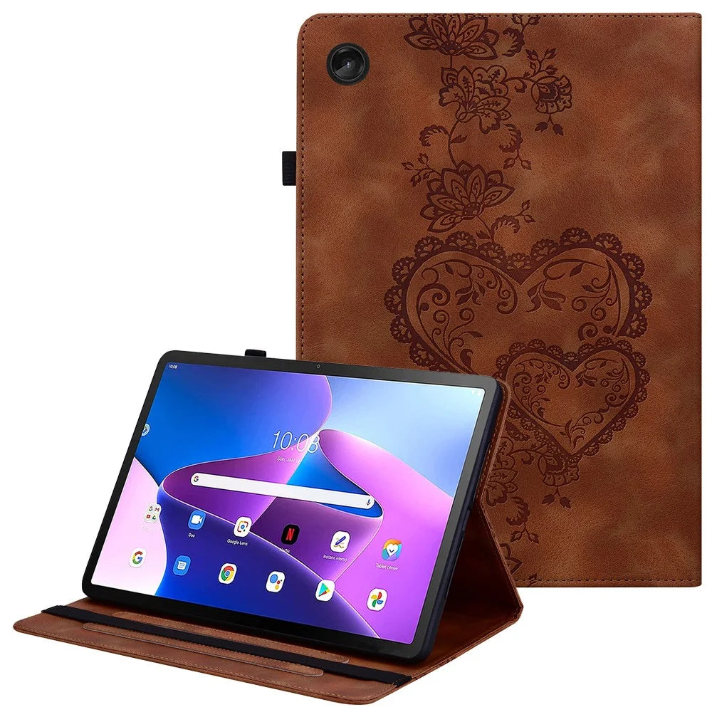 For Lenovo Tab M10 (Gen 3) Leather Case Heart Imprint Foldable Stand Card Slot Stylus Holder Tablet Cover - Brown - 1