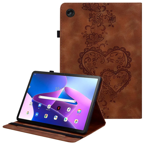 For Lenovo Tab M10 (Gen 3) Leather Case Heart Imprint Foldable Stand Card Slot Stylus Holder Tablet Cover - Brown - 1