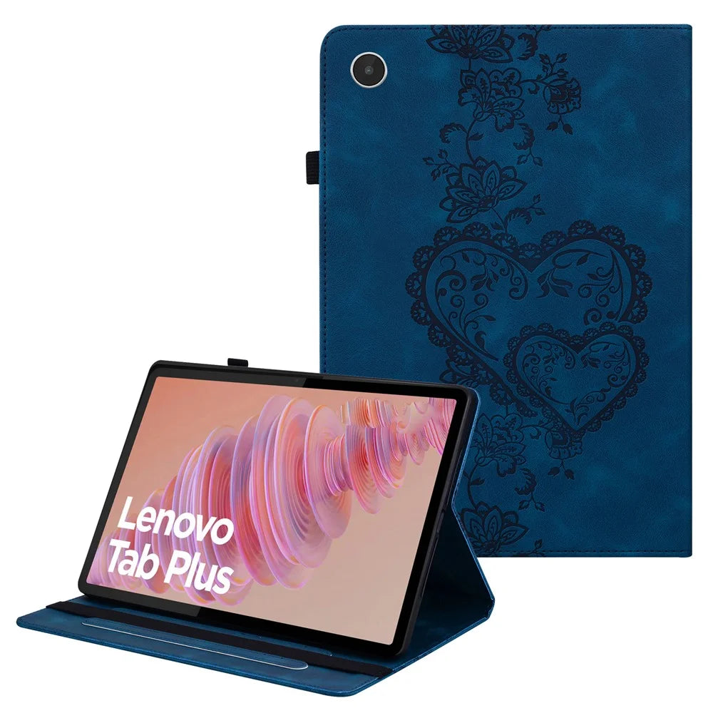 For Lenovo Tab Plus Leather Case Heart Imprint Foldable Stand Card Slot Stylus Holder Tablet Cover - Blue - 1