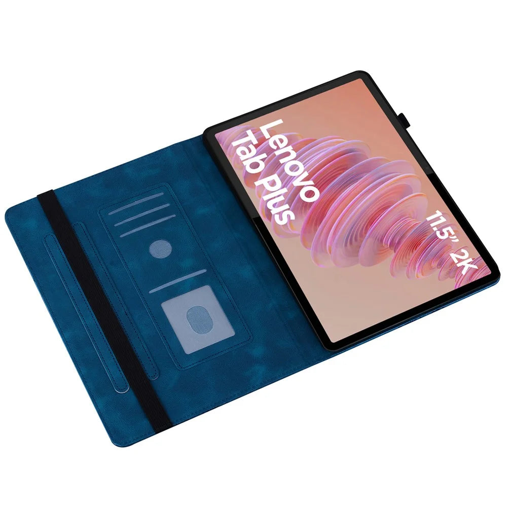 For Lenovo Tab Plus Leather Case Heart Imprint Foldable Stand Card Slot Stylus Holder Tablet Cover - Blue - 2