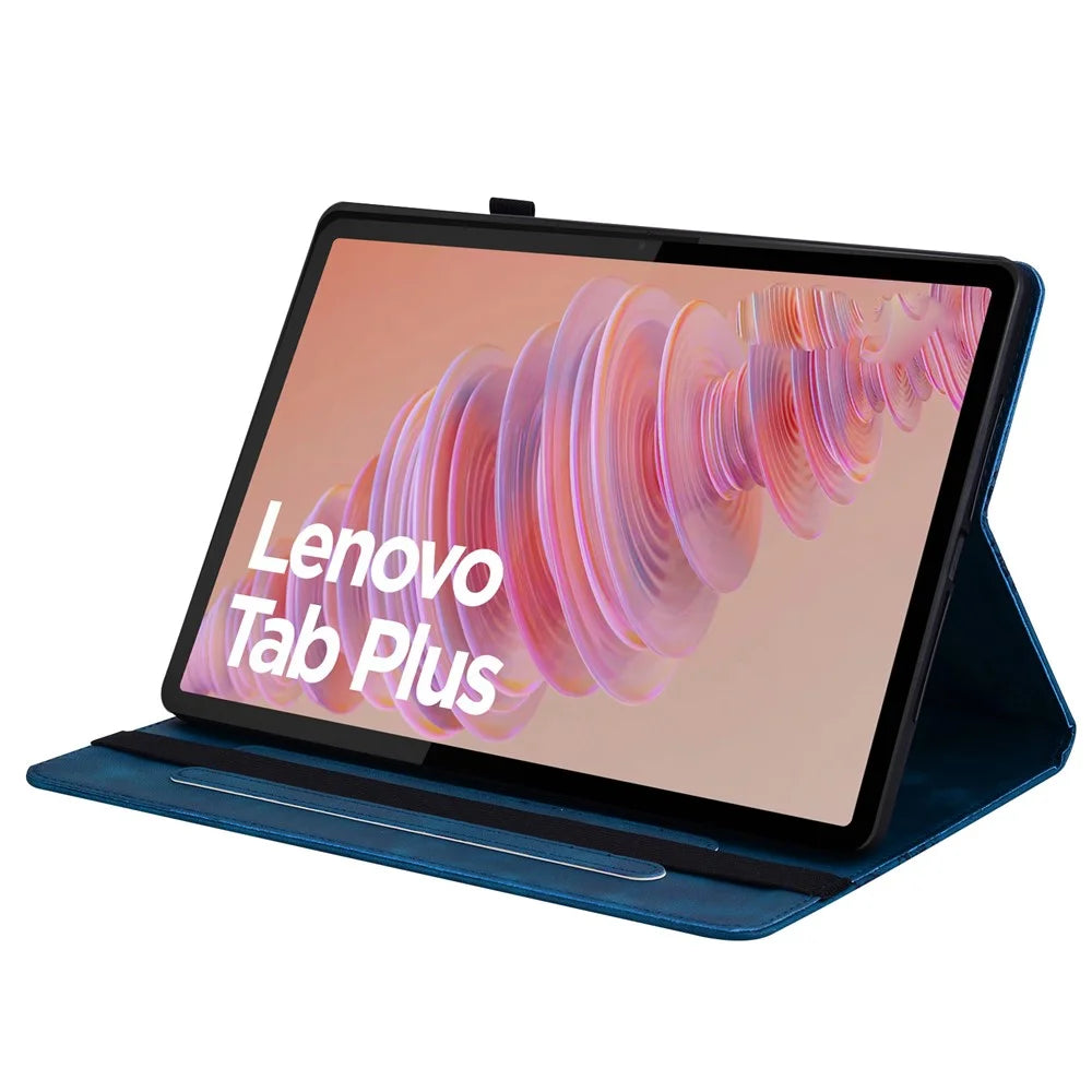 For Lenovo Tab Plus Leather Case Heart Imprint Foldable Stand Card Slot Stylus Holder Tablet Cover - Blue - 3