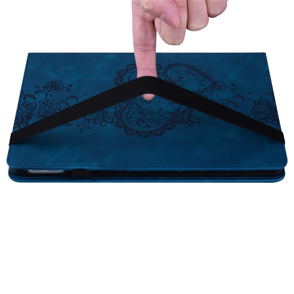 For Lenovo Tab Plus Leather Case Heart Imprint Foldable Stand Card Slot Stylus Holder Tablet Cover - Blue - 4