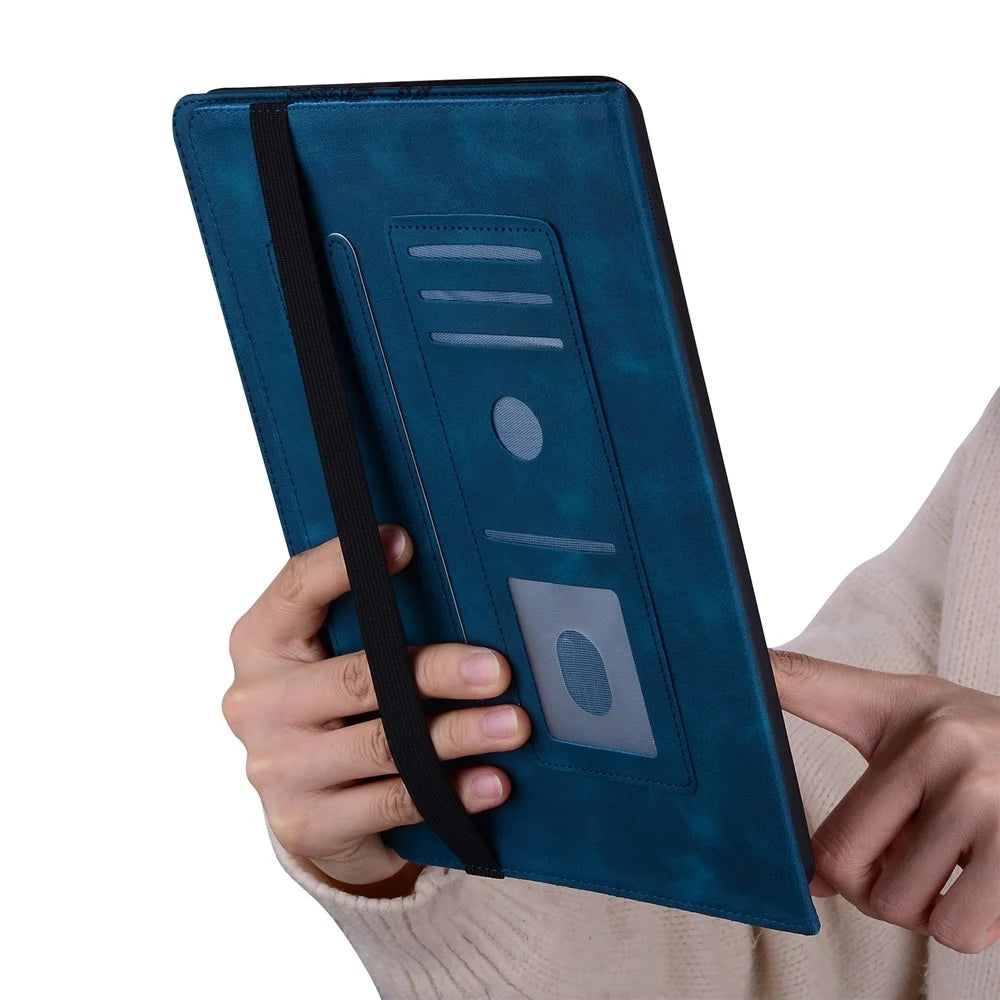 For Lenovo Tab Plus Leather Case Heart Imprint Foldable Stand Card Slot Stylus Holder Tablet Cover - Blue - 5
