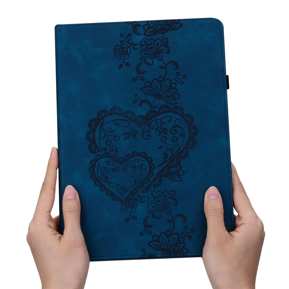 For Lenovo Tab Plus Leather Case Heart Imprint Foldable Stand Card Slot Stylus Holder Tablet Cover - Blue - 6