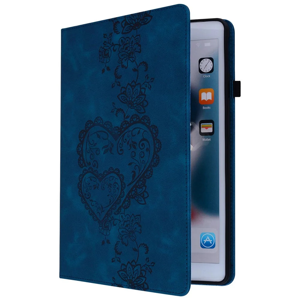 For Lenovo Tab Plus Leather Case Heart Imprint Foldable Stand Card Slot Stylus Holder Tablet Cover - Blue - 7
