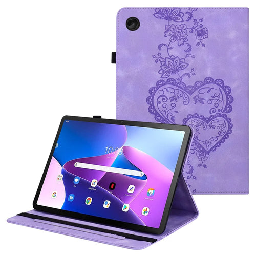 For Lenovo Tab M10 Plus (3rd Gen) Leather Case Heart Imprint Foldable Stand Card Slot Stylus Holder Tablet Cover - Purple - 1