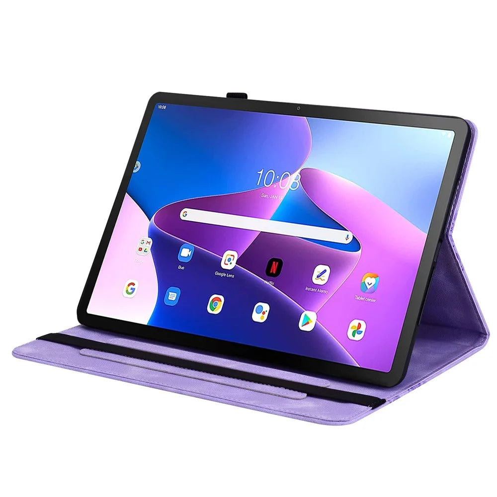 For Lenovo Tab M10 Plus (3rd Gen) Leather Case Heart Imprint Foldable Stand Card Slot Stylus Holder Tablet Cover - Purple - 3