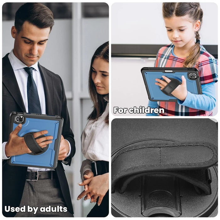 For iPad Pro 11 (2025) / 11 (2024) Case Kickstand PC TPE Tablet Cover with Hand Strap - Navy Blue - 7