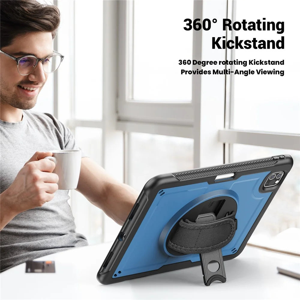 For iPad Pro 11 (2025) / 11 (2024) Case Kickstand PC + TPE Tablet Cover with Hand Strap and Shoulder Strap - Navy Blue - 3