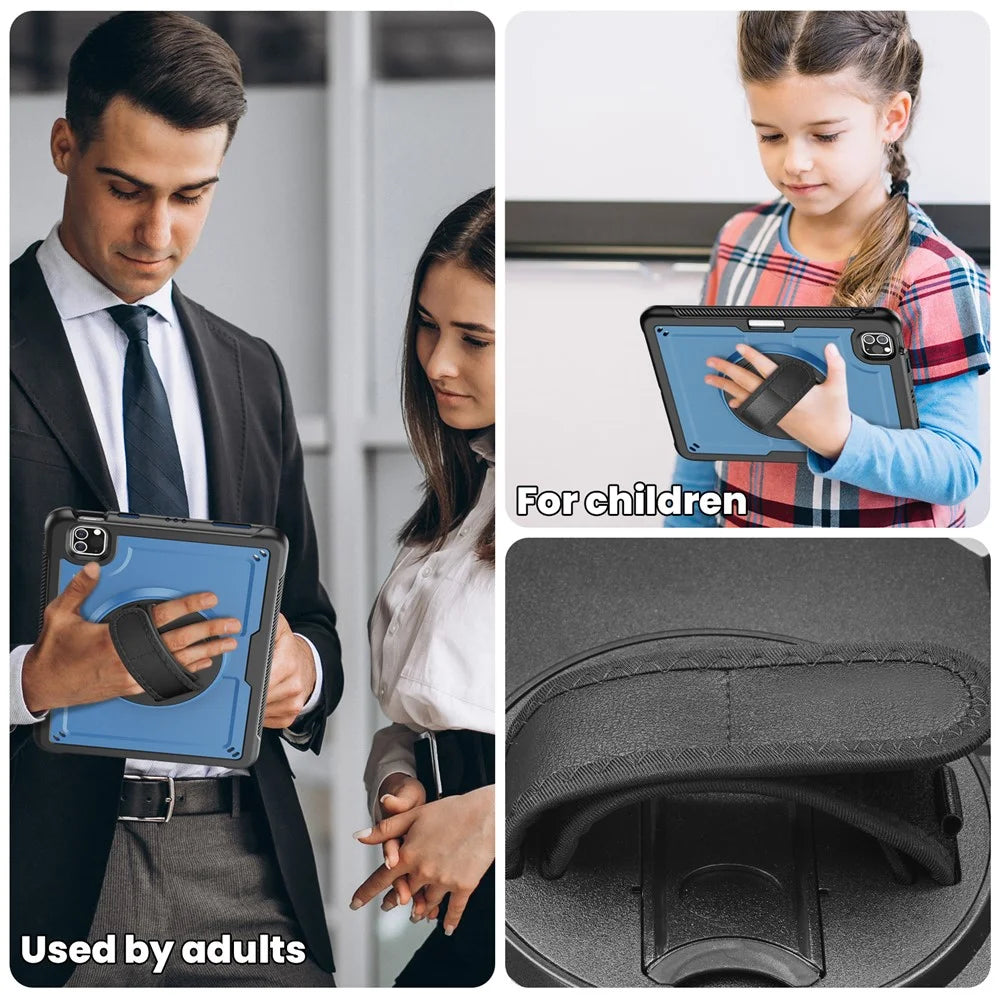 For iPad Pro 11 (2025) / 11 (2024) Case Kickstand PC + TPE Tablet Cover with Hand Strap and Shoulder Strap - Navy Blue - 5