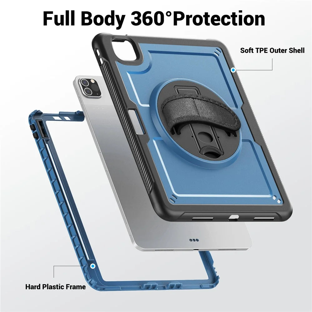 For iPad Pro 11 (2025) / 11 (2024) Case Kickstand PC + TPE Tablet Cover with Hand Strap and Shoulder Strap - Navy Blue - 7