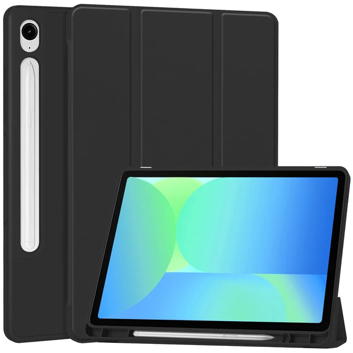 For Samsung Galaxy Tab S10 Lite / S10 FE / S9 FE Stand Case Shock-Absorbent Leather Tablet Cover with Pen Slot - Black - 1