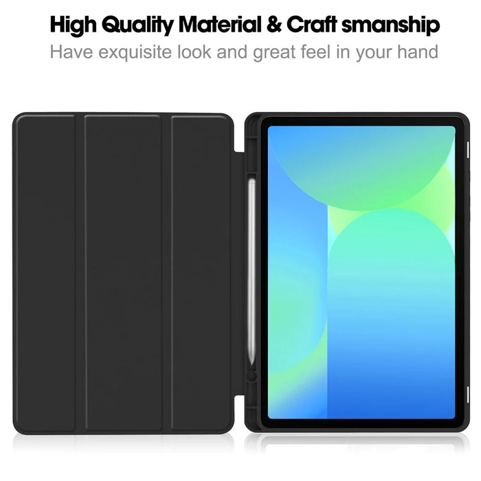 For Samsung Galaxy Tab S10 Lite / S10 FE / S9 FE Stand Case Shock-Absorbent Leather Tablet Cover with Pen Slot - Black - 5