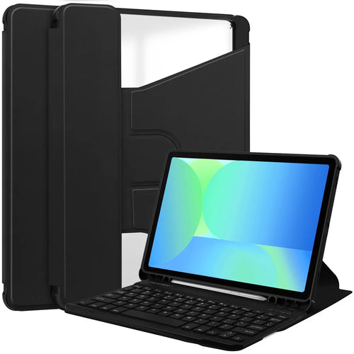 For Samsung Galaxy Tab S10 Lite / S10 FE / S9 FE Case 360-Degree Rotary Stand PU Leather + Acrylic Tablet Cover with Keyboard - Black - 1