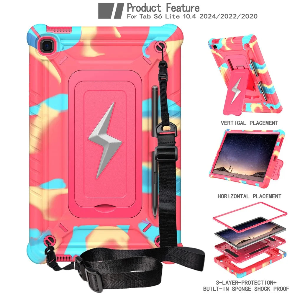 Tablet Case For Samsung Galaxy Tab S6 Lite (2024) P620 P625 / (2022) P613 P619 / (2020) P610 PC + Silicone Cover with Strap - Camouflage Rose + Rose - 2