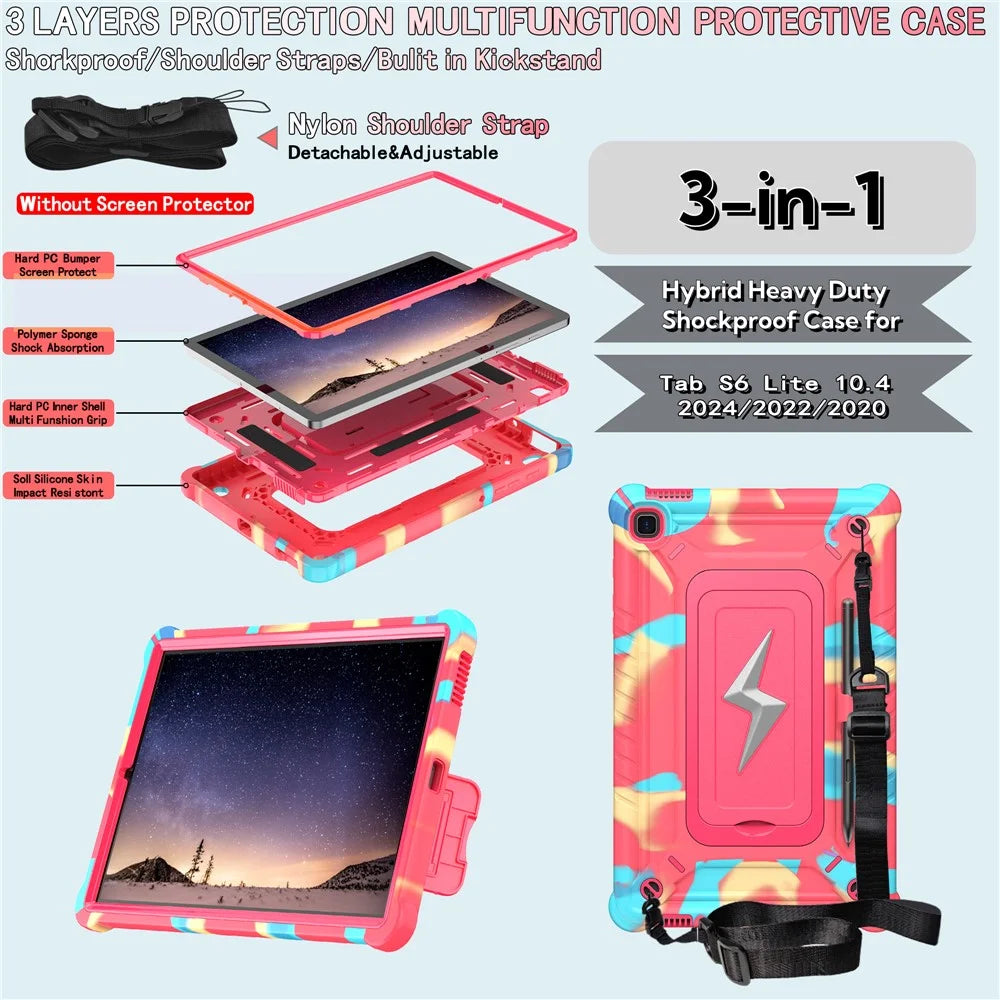 Tablet Case For Samsung Galaxy Tab S6 Lite (2024) P620 P625 / (2022) P613 P619 / (2020) P610 PC + Silicone Cover with Strap - Camouflage Rose + Rose - 7