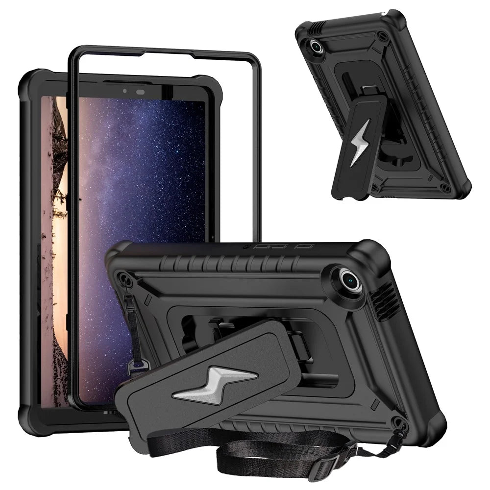 For Samsung Galaxy Tab A9 Case Kickstand PC + Silicone Tablet Cover with Shoulder Strap - Black - 1