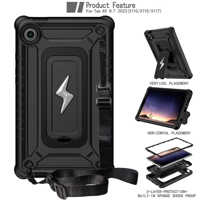For Samsung Galaxy Tab A9 Case Kickstand PC + Silicone Tablet Cover with Shoulder Strap - Black - 2