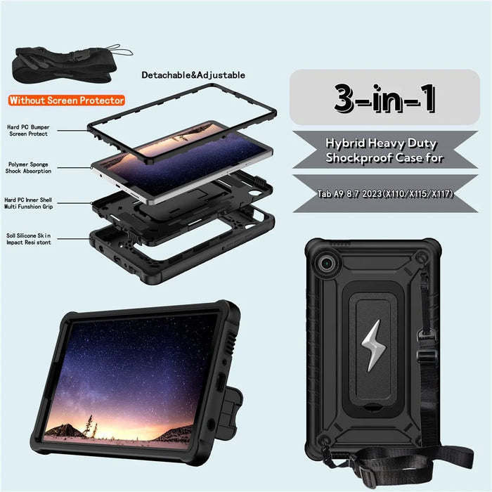 For Samsung Galaxy Tab A9 Case Kickstand PC + Silicone Tablet Cover with Shoulder Strap - Black - 7