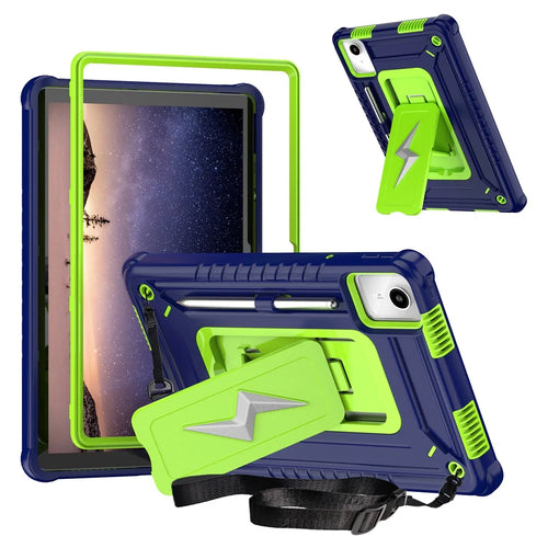 For Lenovo Tab M11 TB330FU / Xiaoxin Pad 11 2024 TB331FC Case Kickstand PC + Silicone Tablet Cover with Shoulder Strap - Navy Blue + Yellowgreen - 1