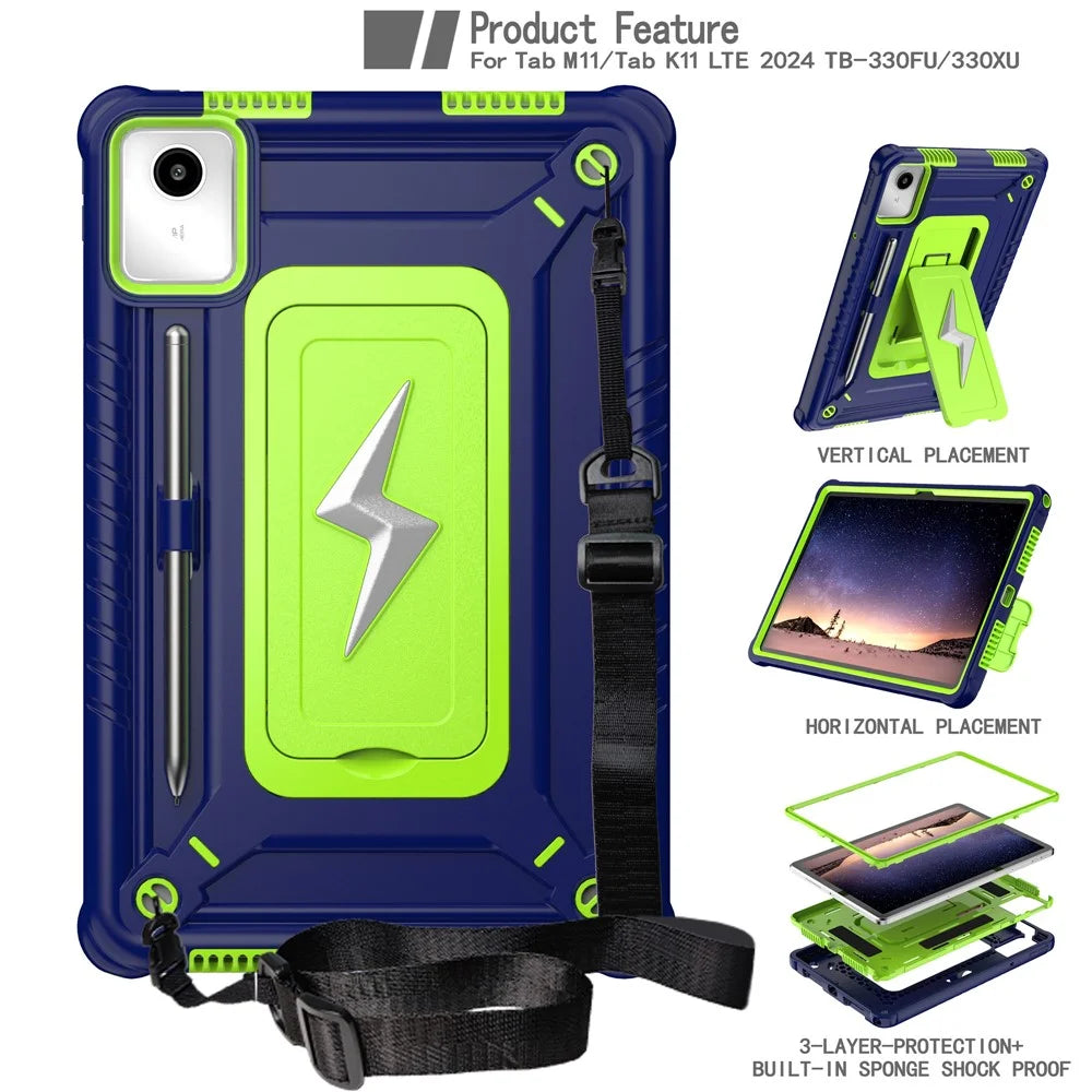 For Lenovo Tab M11 TB330FU / Xiaoxin Pad 11 2024 TB331FC Case Kickstand PC + Silicone Tablet Cover with Shoulder Strap - Navy Blue + Yellowgreen - 2