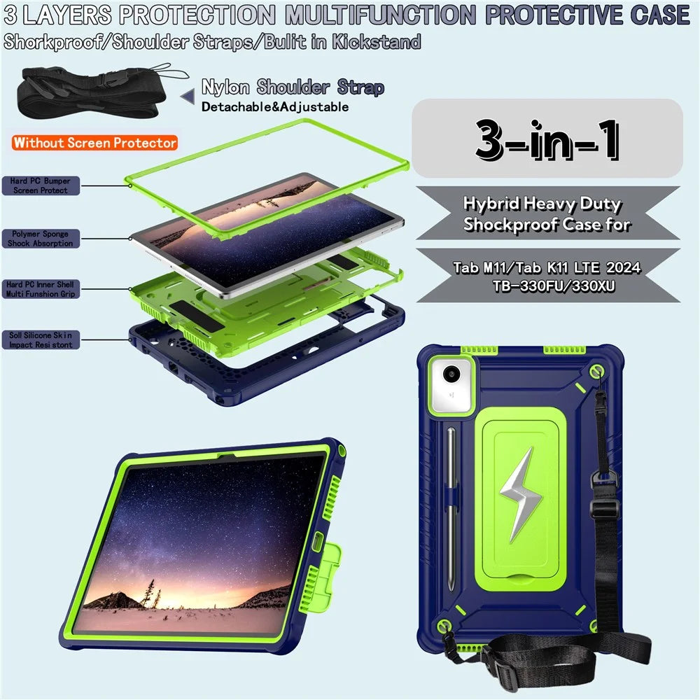 For Lenovo Tab M11 TB330FU / Xiaoxin Pad 11 2024 TB331FC Case Kickstand PC + Silicone Tablet Cover with Shoulder Strap - Navy Blue + Yellowgreen - 7