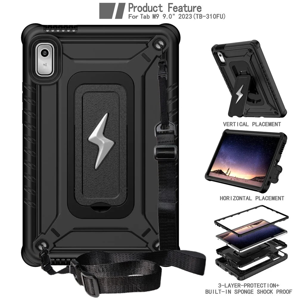 For Lenovo Nook 9 inch (2024) / Tab M9 TB-310FU TB-310FX Case Kickstand PC + Silicone Tablet Cover with Shoulder Strap - Black - 2