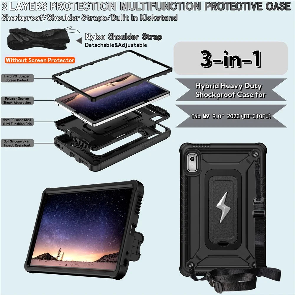For Lenovo Nook 9 inch (2024) / Tab M9 TB-310FU TB-310FX Case Kickstand PC + Silicone Tablet Cover with Shoulder Strap - Black - 7