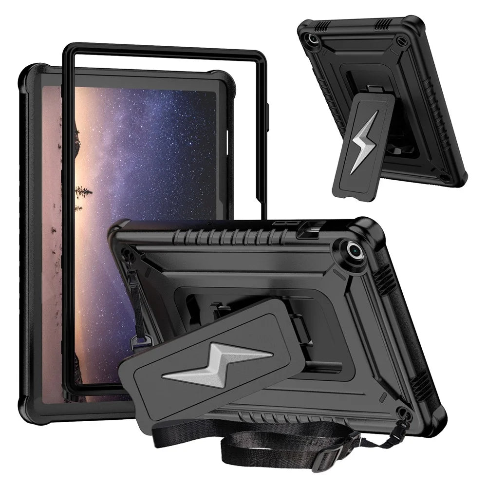 For Samsung Galaxy Tab A9+ Case Kickstand PC + Silicone Tablet Cover with Shoulder Strap - Black - 1