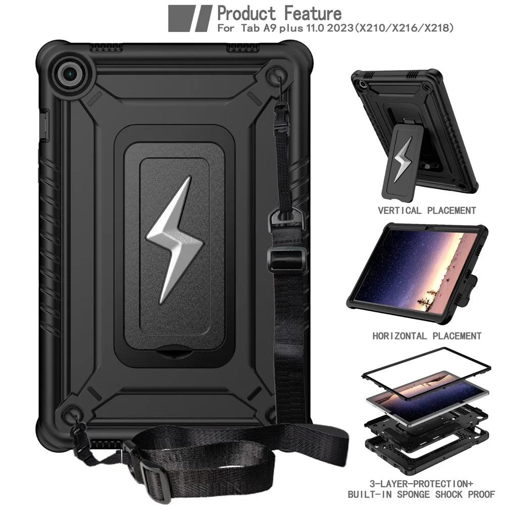 For Samsung Galaxy Tab A9+ Case Kickstand PC + Silicone Tablet Cover with Shoulder Strap - Black - 2