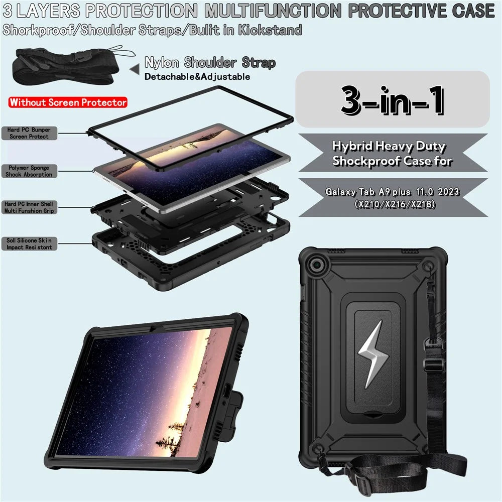 For Samsung Galaxy Tab A9+ Case Kickstand PC + Silicone Tablet Cover with Shoulder Strap - Black - 7