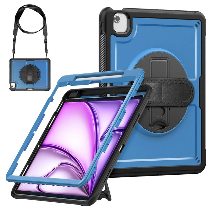 For iPad Air 13 (2026) / (2025) / (2024) Case Kickstand PC + TPE Tablet Cover with Hand Strap and Shoulder Strap - Navy Blue - 1
