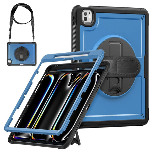 For iPad Pro 13 (2025) / 13 (2024) Case Kickstand PC + TPE Tablet Cover with Hand Strap and Shoulder Strap - Navy Blue - 1